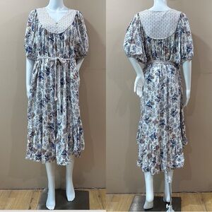 Lucky Brand Women’s L Midi Dress Puff Sleeve Boho Peasant Blue Paisley Coastal